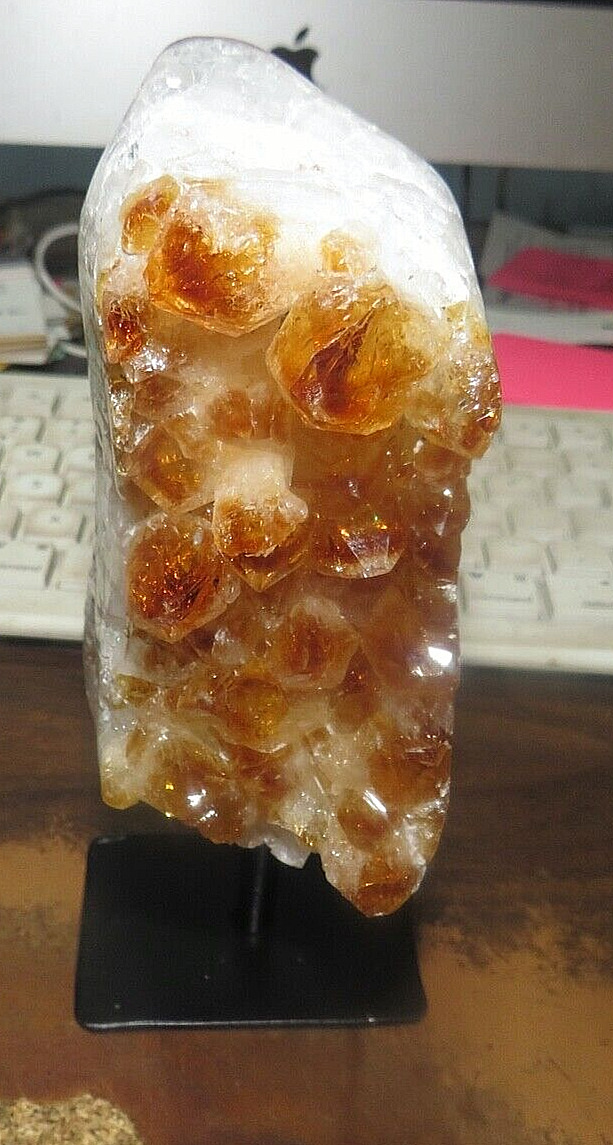 LG. POLISHED CITRINE CRYSTAL CLUSTER GEODE FROM BRAZIL CATHEDRAL W' STEEL BASE 