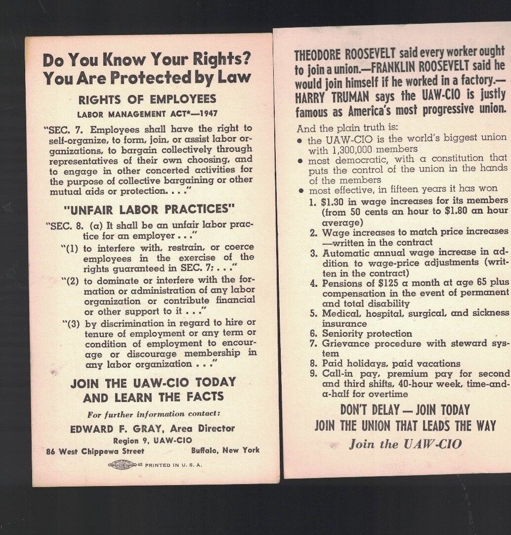 UAW-CIO Facts Card 1950s Union Rights United Auto Workers