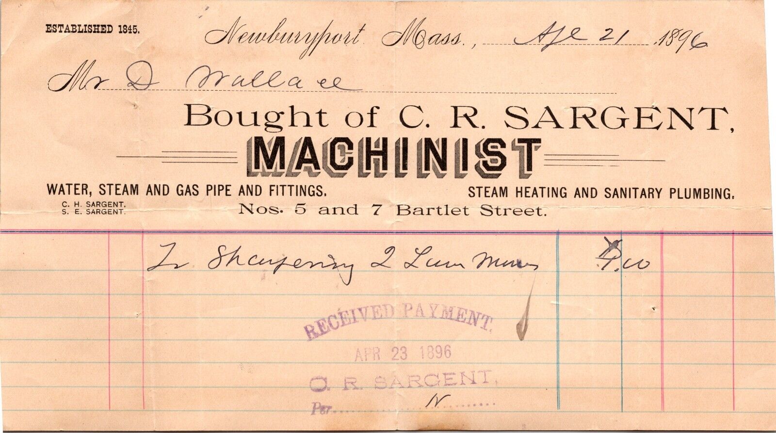 CR Sargent Newburyport MA 1896 Billhead Machinist