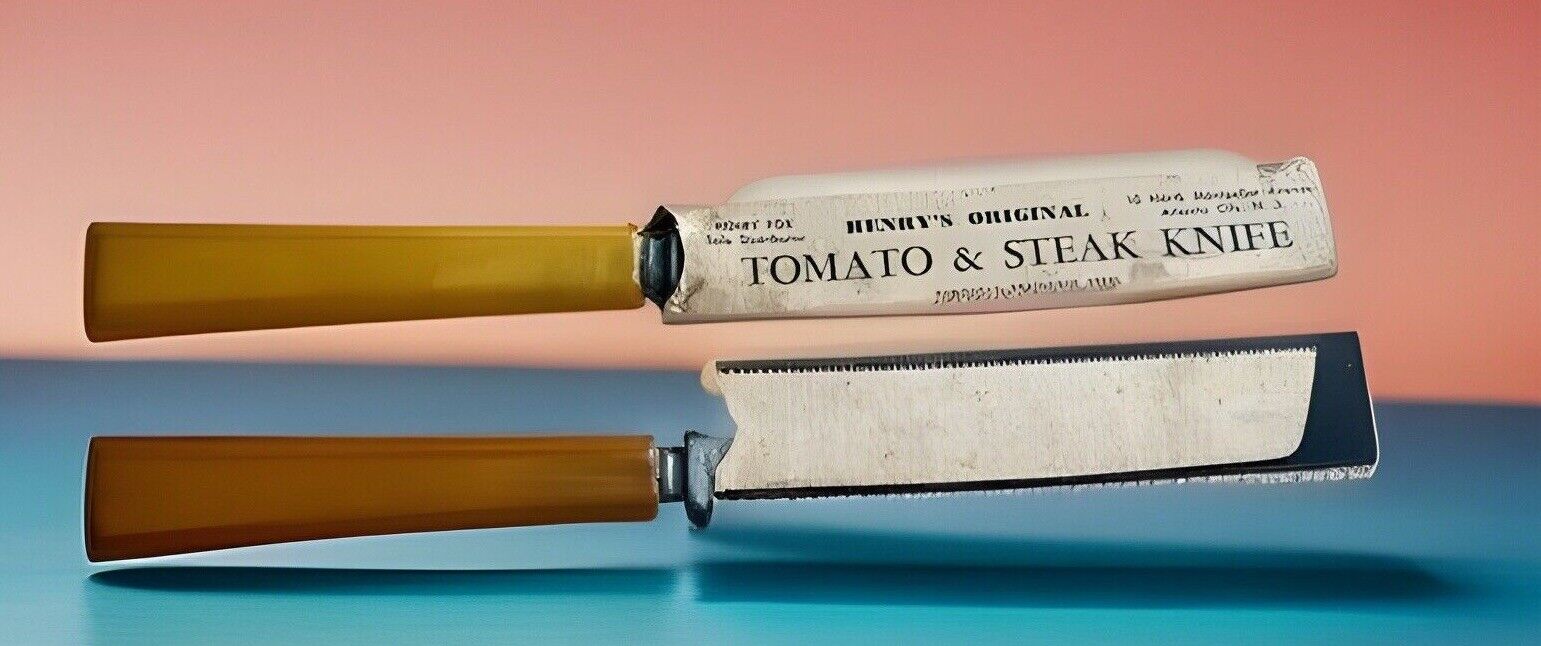 VINTAGE 1940S ORIGINAL HENRY'S TOMATO & STEAK KNIVES 2 W/BUTTERSCOTCH BAKELITE