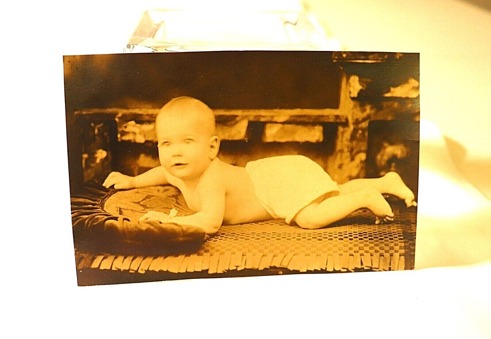 Antique RPPC Alert Happy Baby Infant Lying on Belly on Rug Unposted