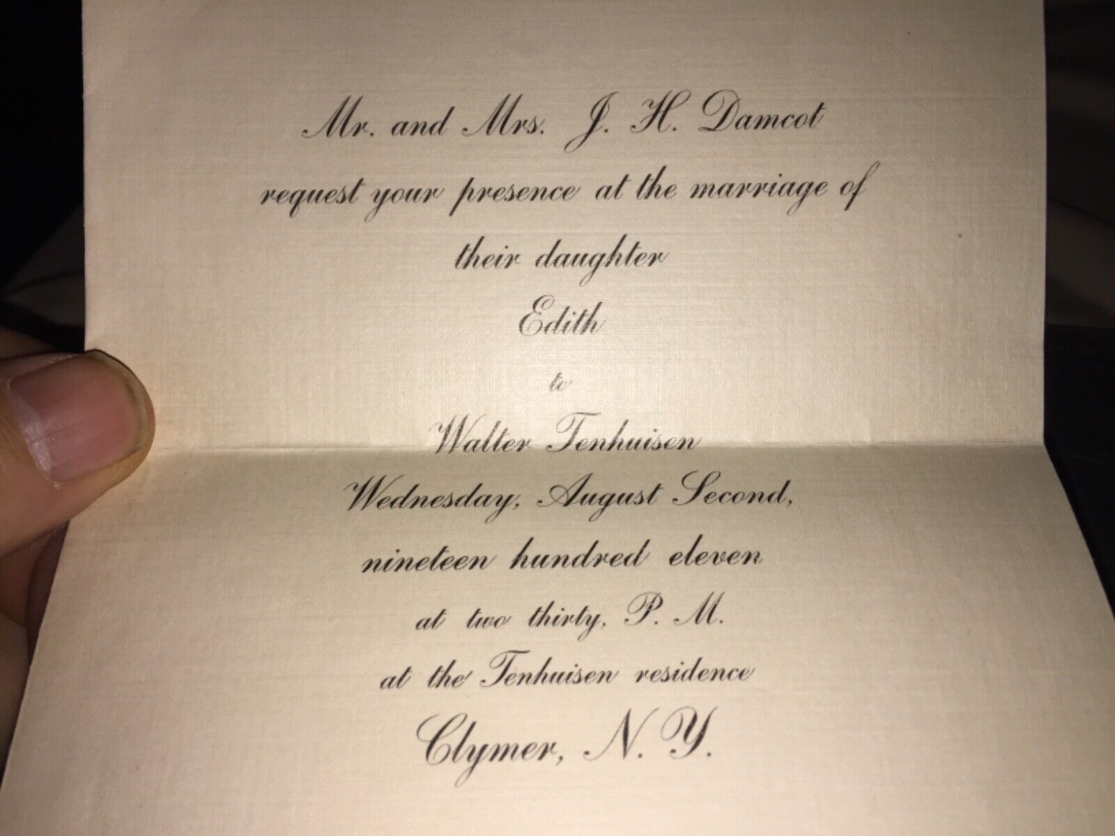 1911 WEDDING INVITATION FOR EDITH DAMCOT TO WALTER TENHUISEN CLYMER,NY