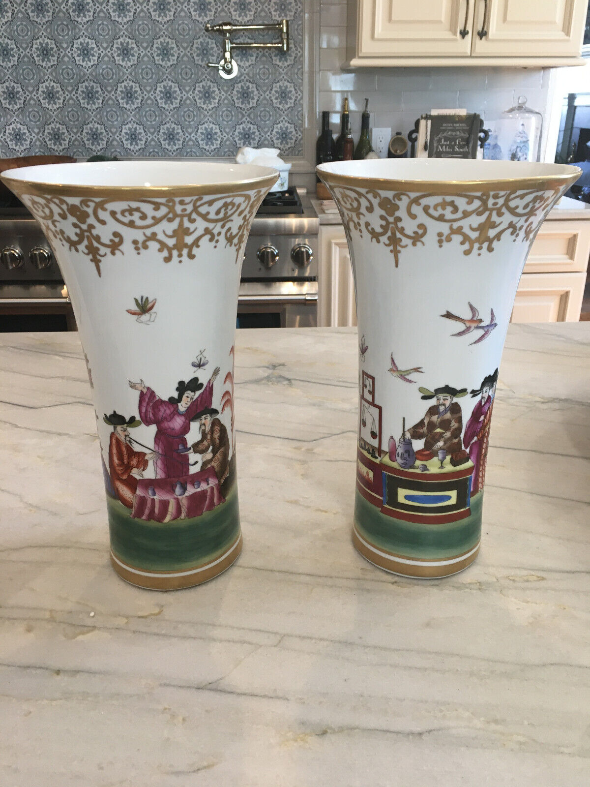 Pair of Chelsea House Chinoiserie Hand Painted Scenic Vases