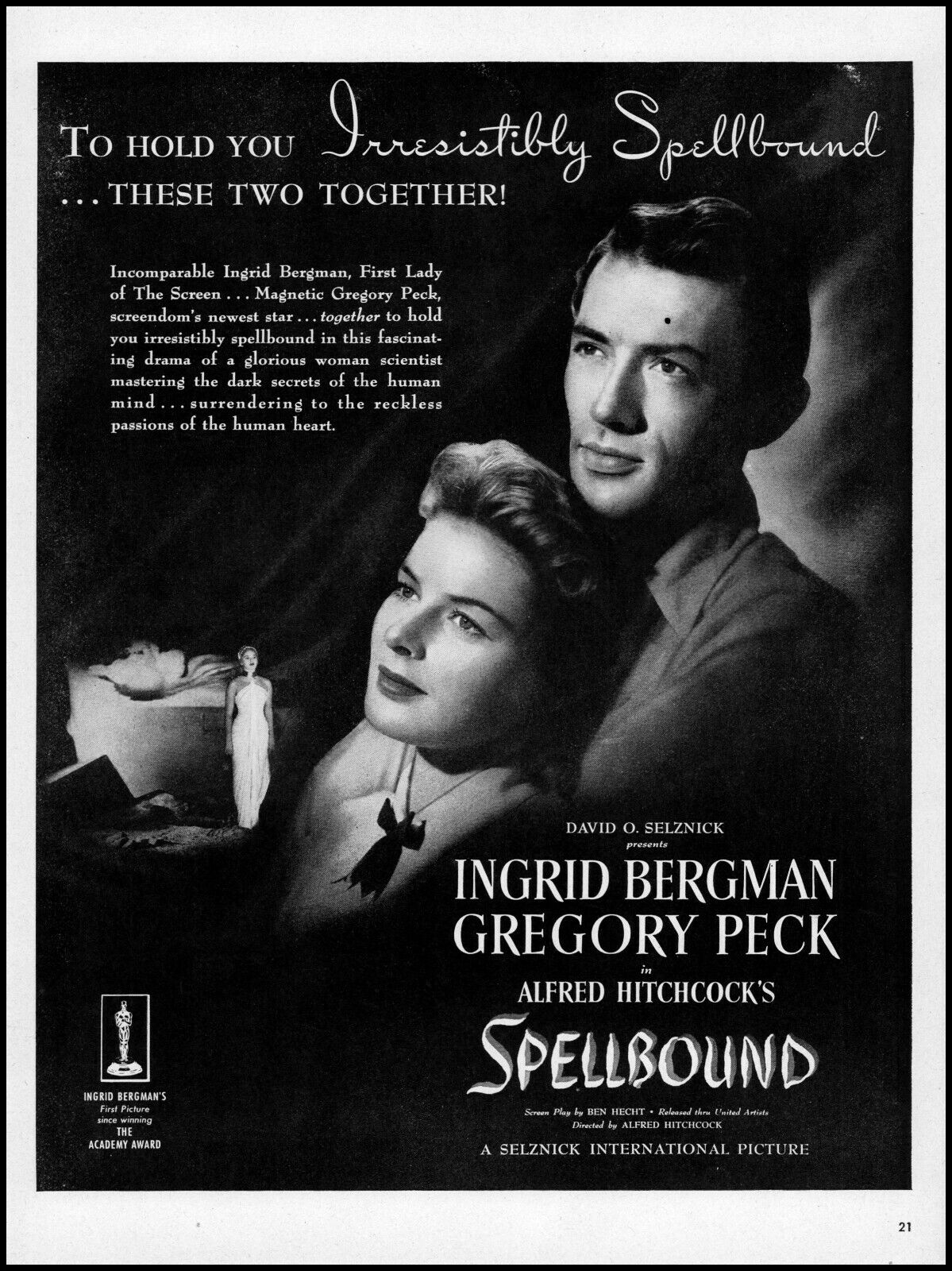 1945 Ingrid Bergman Spellbound Alfred Hitchcock movie release photo print ad L96