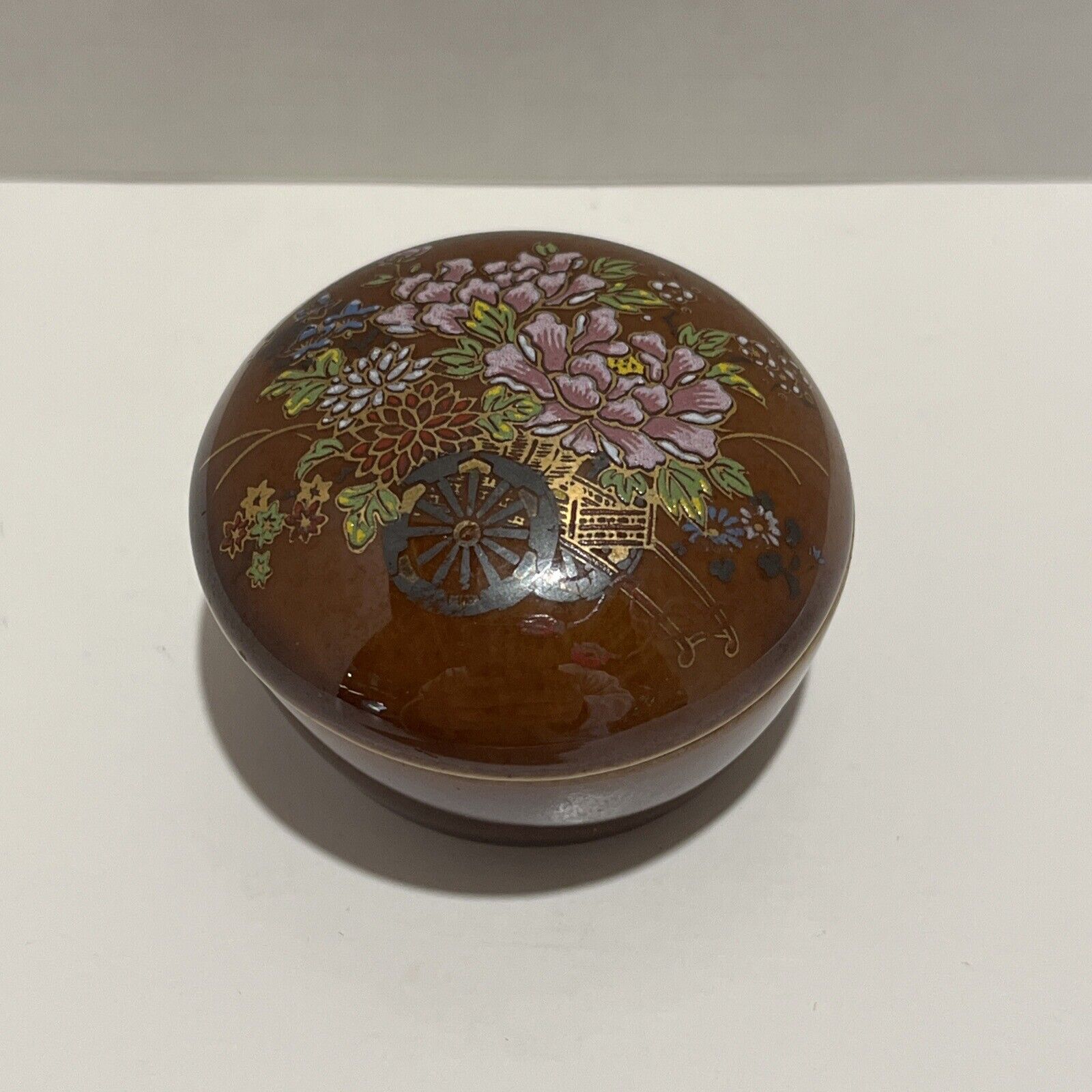 Vintage Japanese Porcelain Trinket Box Round Lid Made in Japan 2” Cart & Flowers