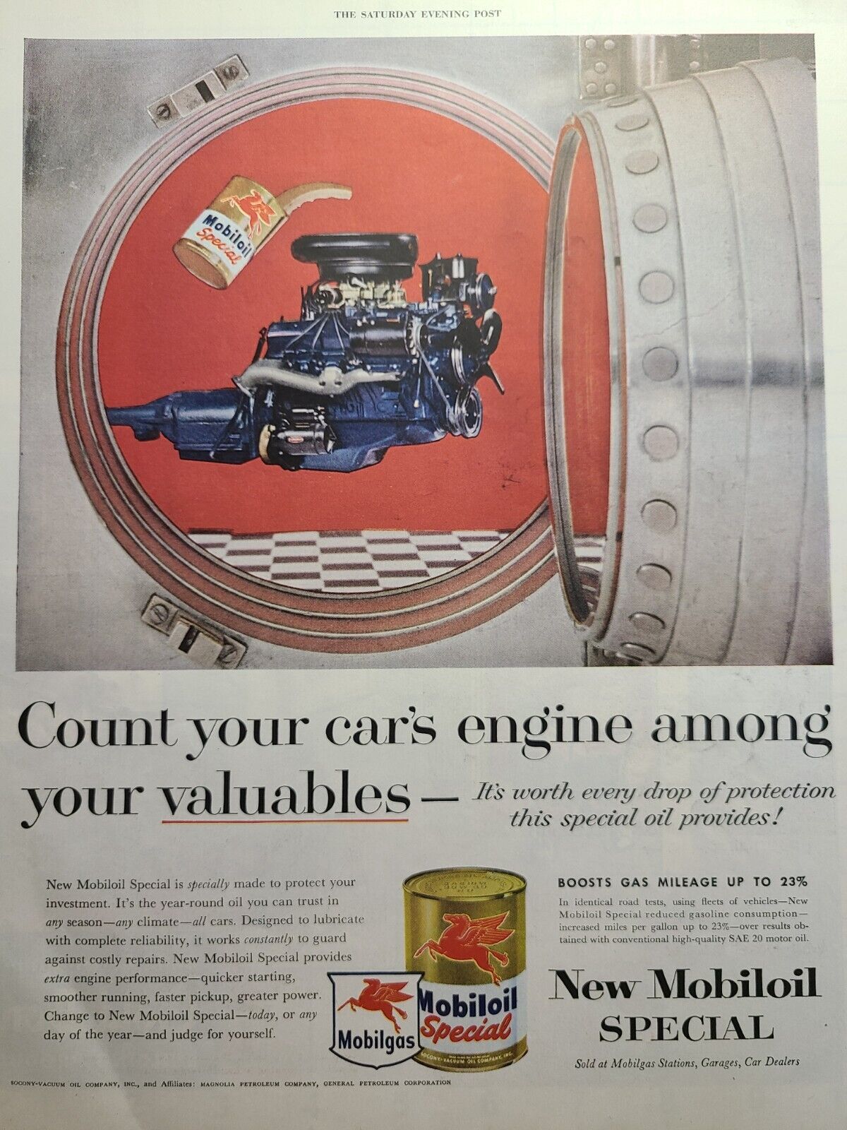 Vintage Print Ad 1955 Mobiloil Mobilgas Red Pegasus Valuable Car Engine in Vault