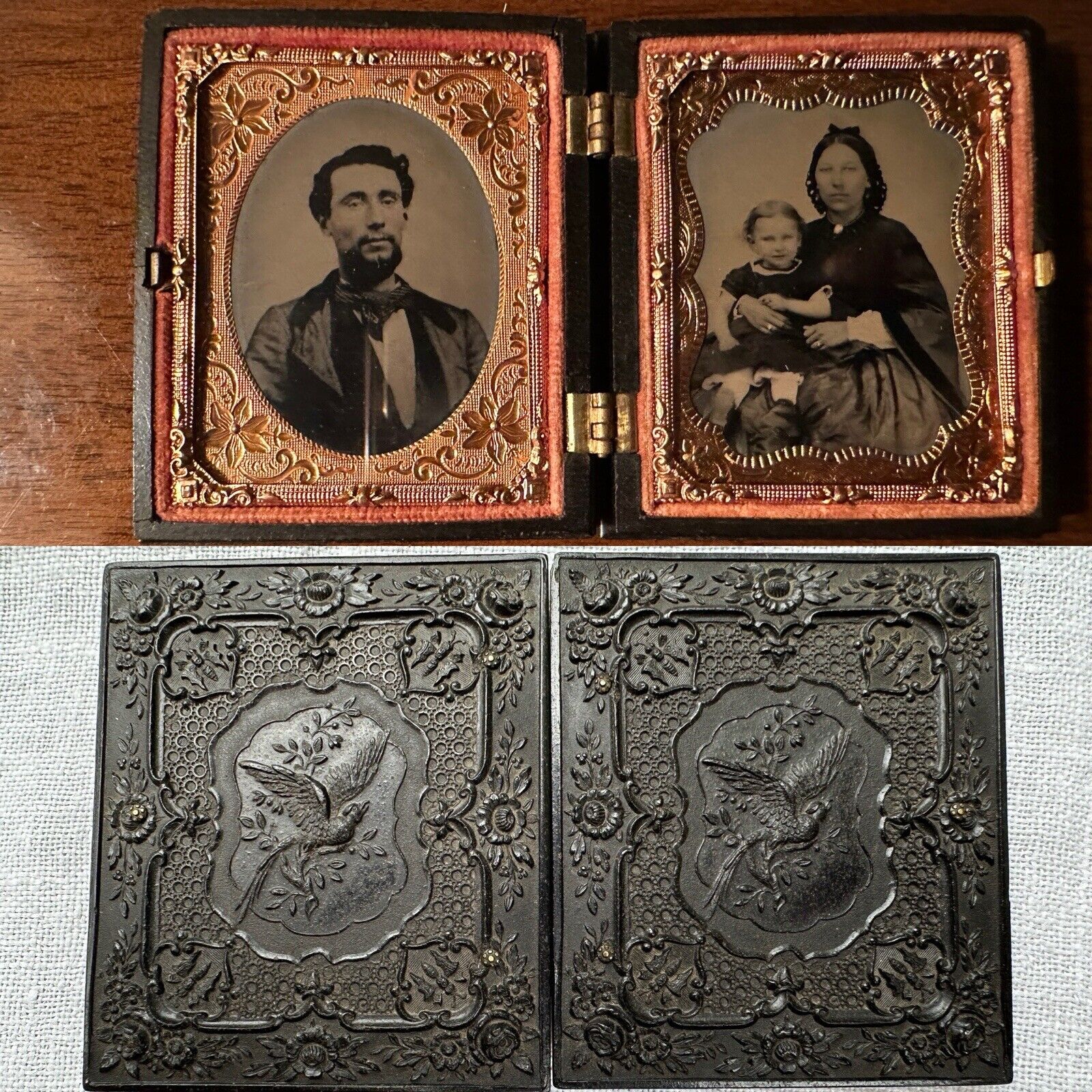 Victorian Double Tintype Gutta Percha Case Antique Family Photo 1800s Man Woman
