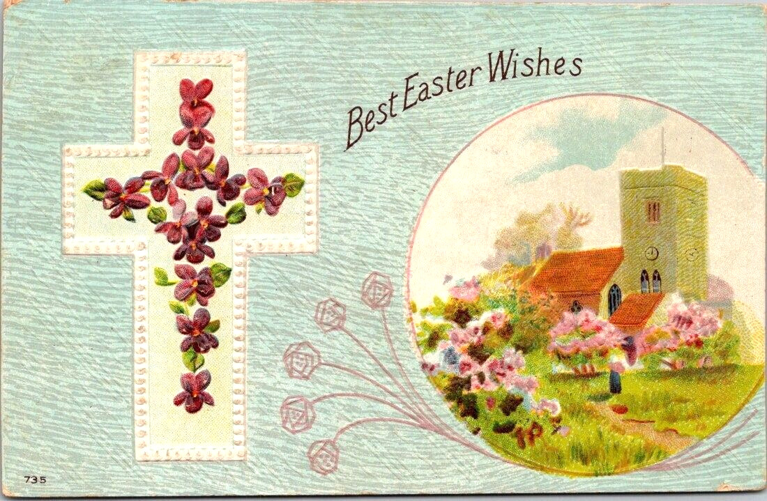 Postcard. Best Easter Wishes. Cross Flowers Church Scene. AC.