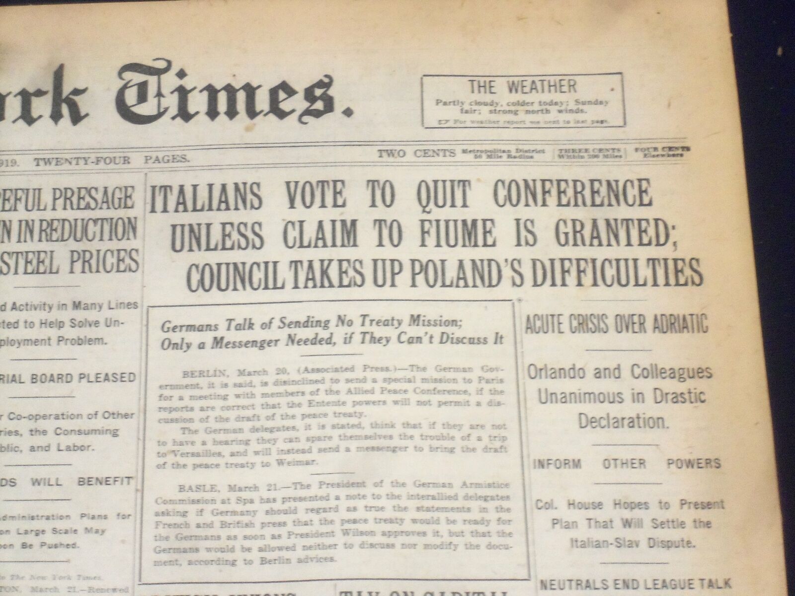 1919 MARCH 22 NEW YORK TIMES - ITALIANS VOTE TO QUIT CONFERENCE - NT 9286