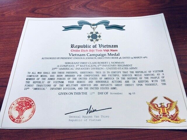 REPUBLIC OF VIETNAM CAMPAIGN MEDAL CERTIFICATE ~ With FREE PRINTING