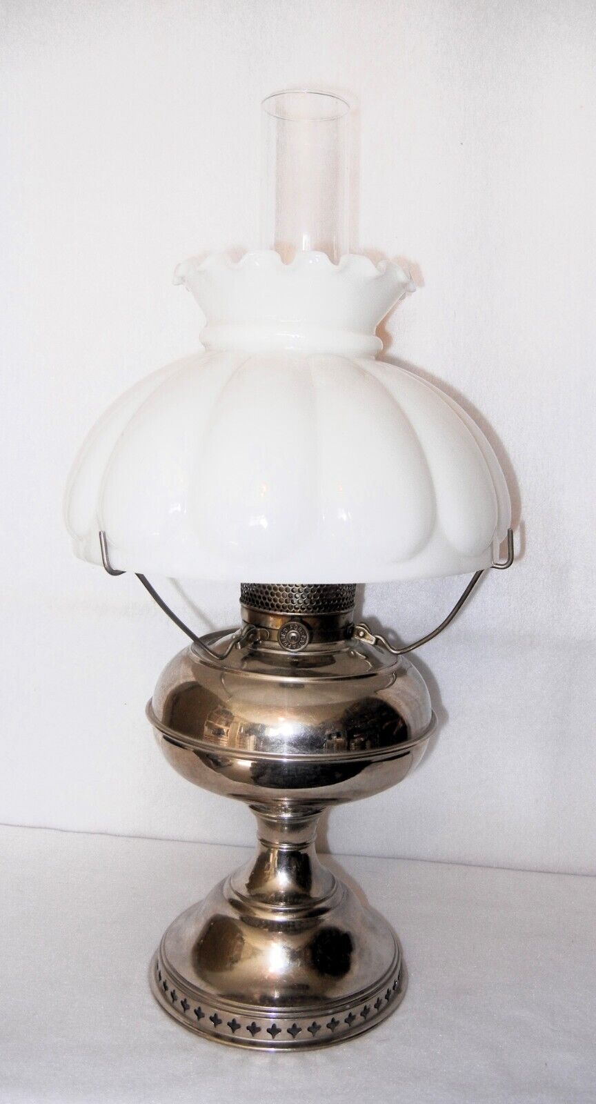 Antique B & H Bradley Hubbard Nickle Plated Oil Lamp with Melon Shade, 1890's