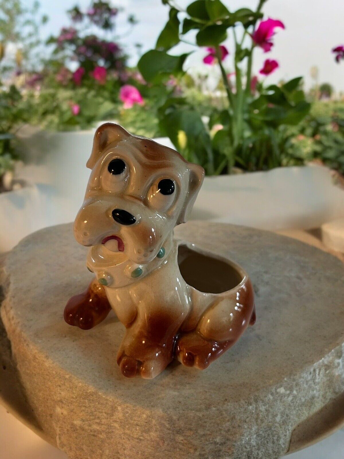 Vintage Ceramic Sad Eyes Dog  Collectible Planter Figurine 5 3/4” Tall x 5 1/2