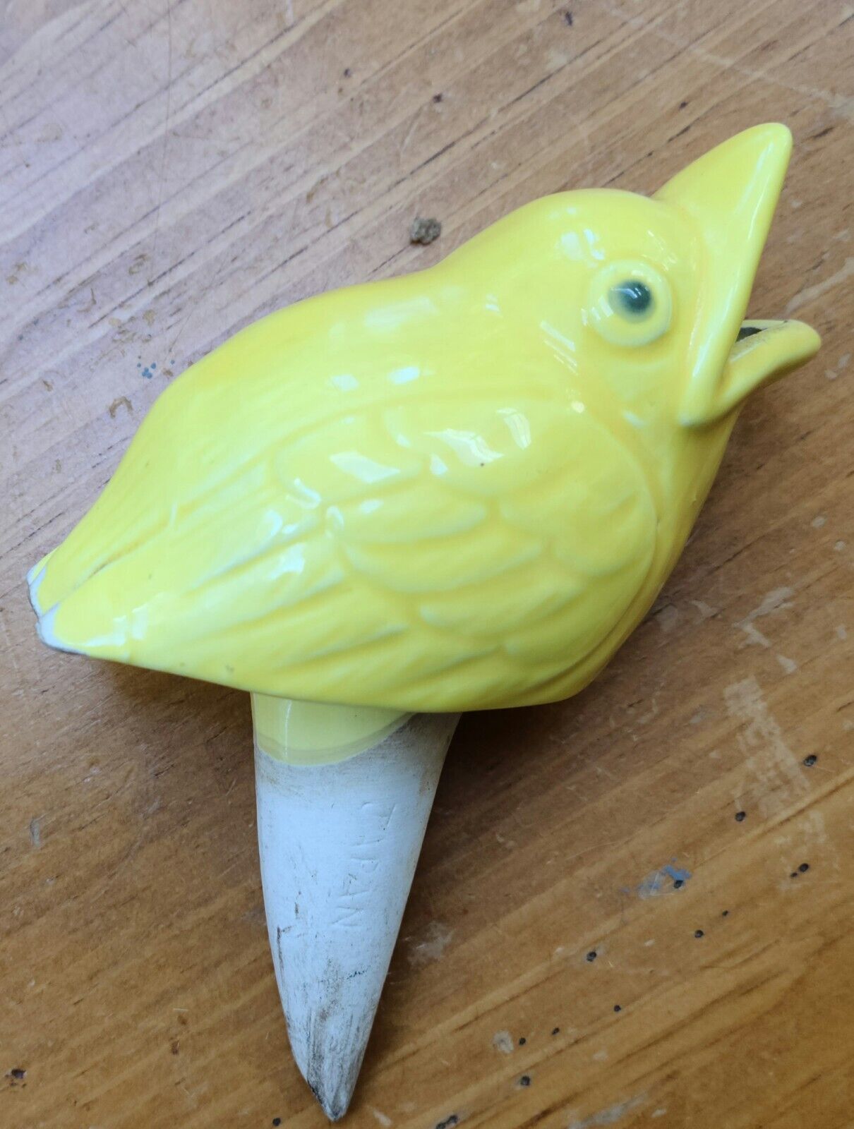 Vintage 1940s Ceramic Handpainted Bird with Watering Spike, Yellow, Japan