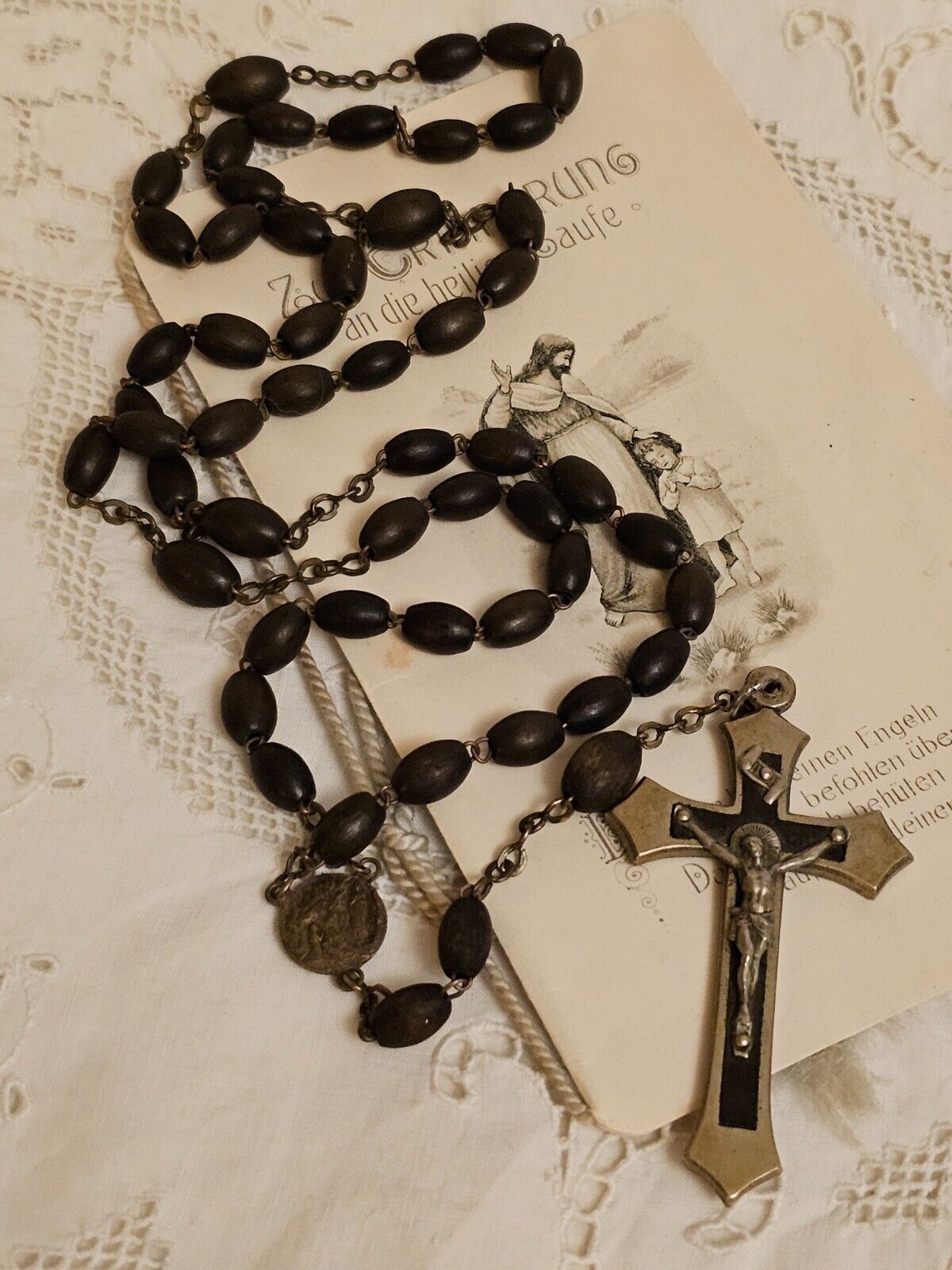 Antique Victorian France Mourning Wood Bead Catholic Nuns Rosary Prayer Religiou