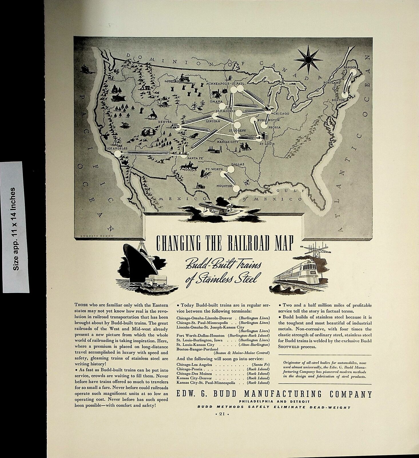 1937 Edw G Budd Manufacturing Co Railroad Map Vintage Print Ad 5907