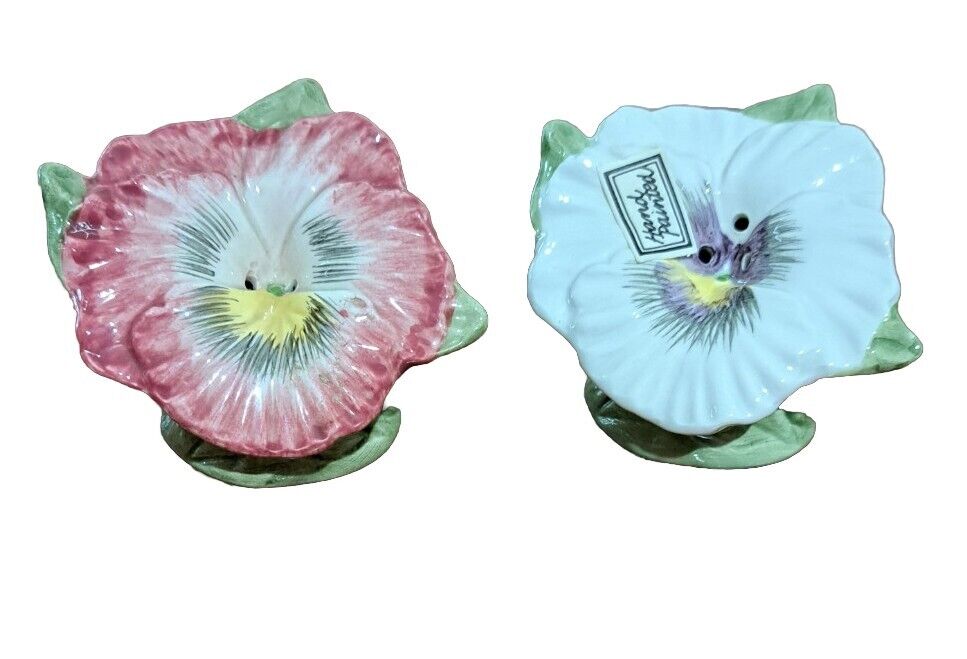 Fitz & Floyd 1990 Pansy Parade Salt And Pepper Shakers Set Pink White Hand Paint