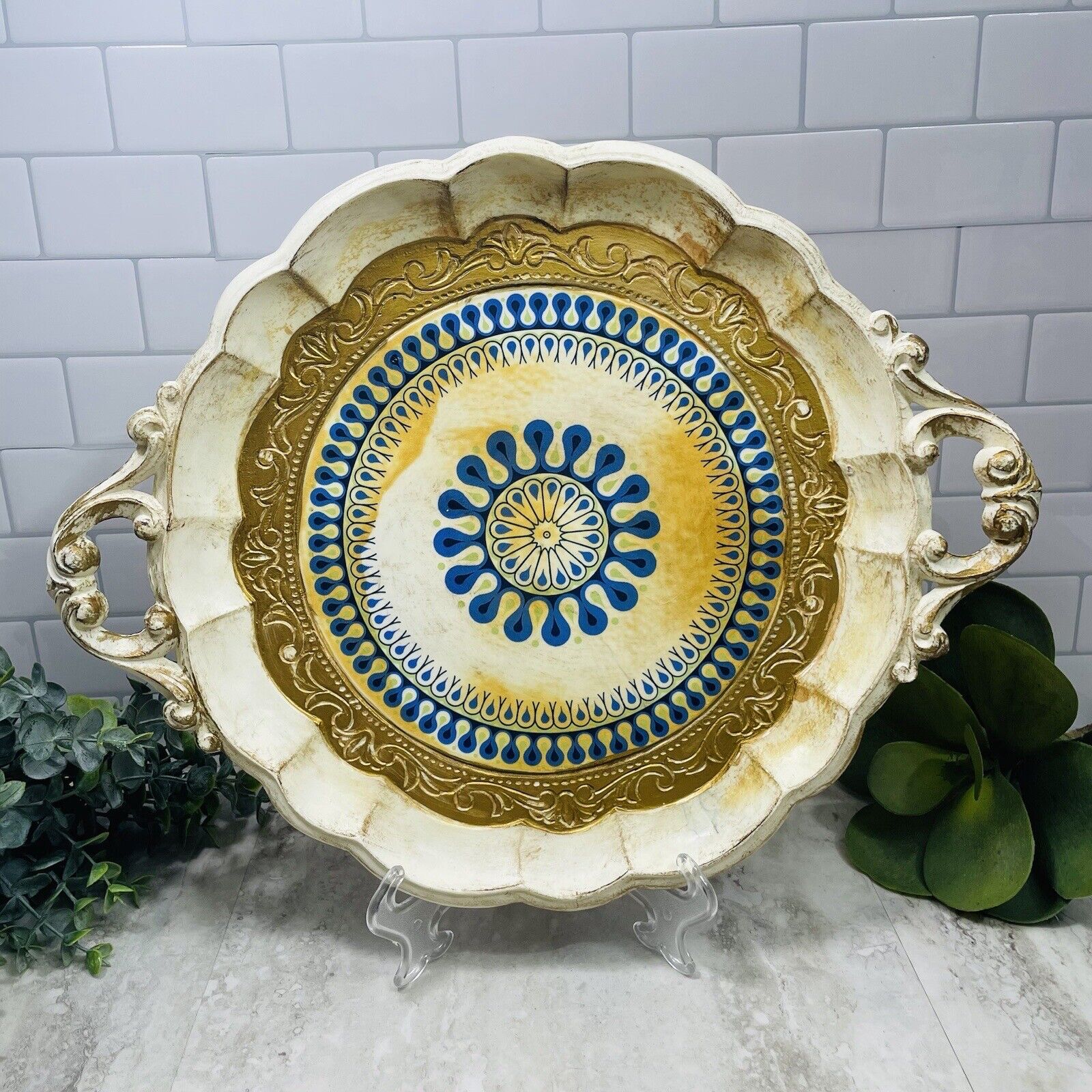 Vintage Florentine Italy 16” Round Serving Tray With Handles Blue Yellow Gold