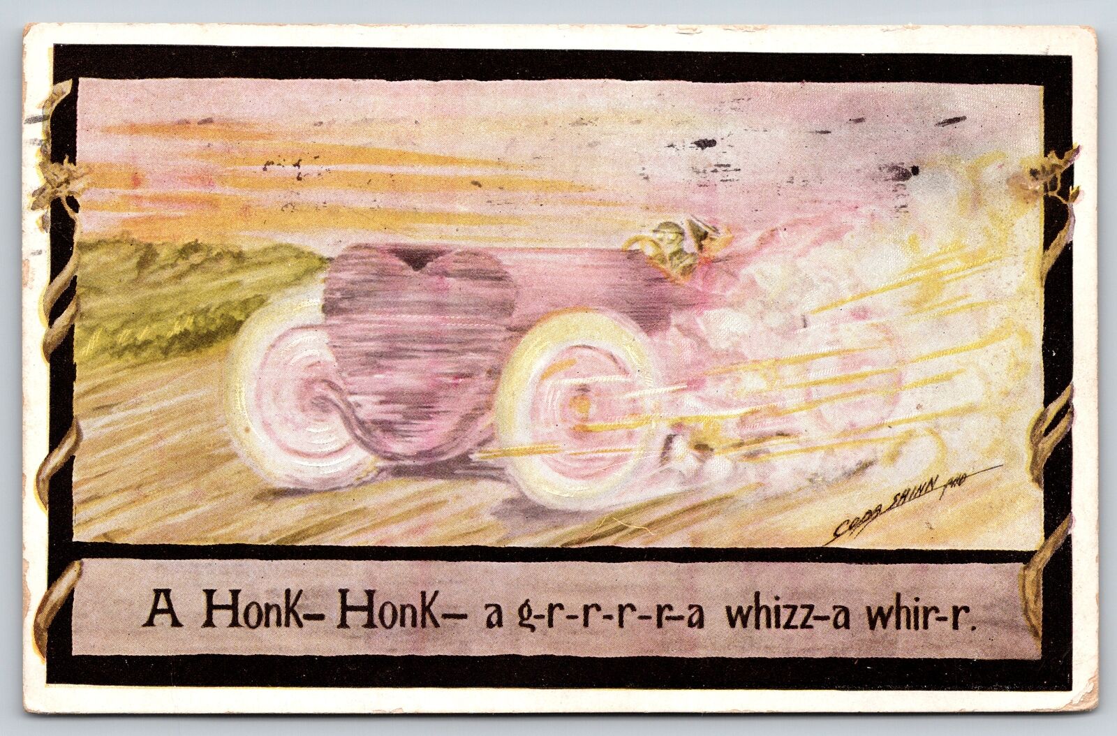 Artist Signed~Cobb Shinn~Car Races Down Road in Blurr of Dust~Honk Honk~PM 1911