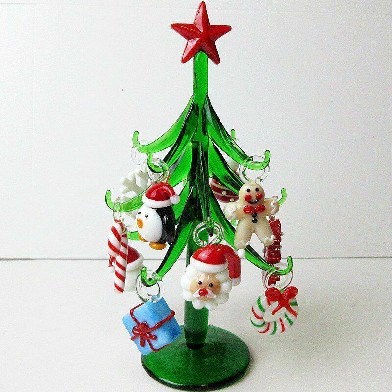 Murano Glass Christmas Tree 12 Hang Ornaments Mini Xmas Stained Glass Green Tree