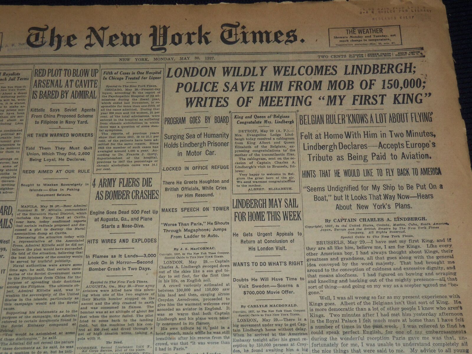 1927 MAY 30 NEW YORK TIMES NEWSPAPER - LONDON WELCOMES LINDBERGH - NT 9552