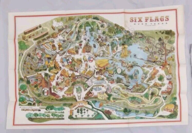 Vtg 1968 Six Flags Over Texas Theme Amusement Park Map Dallas/Fort Worth 30x20.5