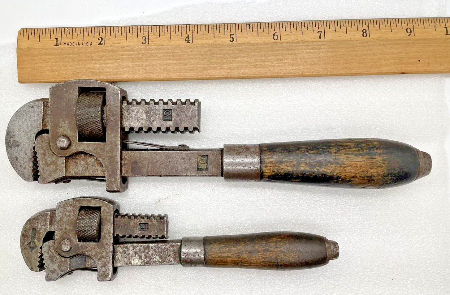 Antique Pair of Stillson Wood Handle 8 and 10 inch Pipe Wrenches