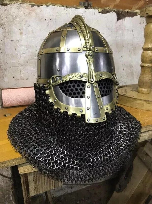 Viking Brass 14GA Helmet SCA Vendel Medieval Knight With Chainmail Steel Helmet