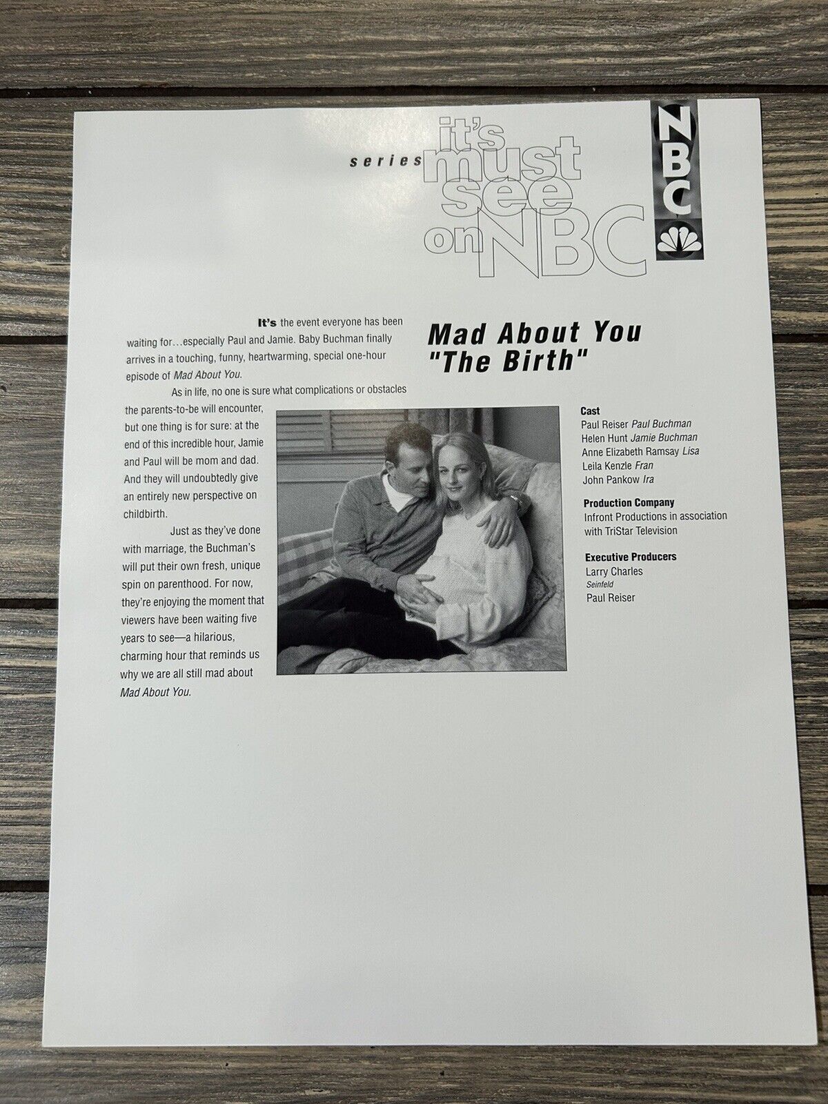 Vintage NBC Series Mad About You The Birth Fact Sheet I Press Release