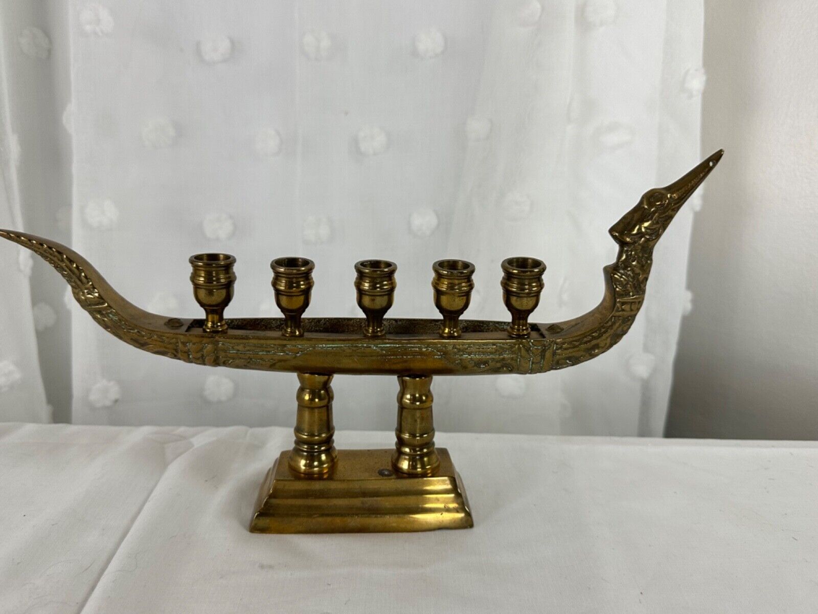 Vintage Judaica Menorah 5 Candle Candelabrum Dragon Boat Hanukkah Candelabra