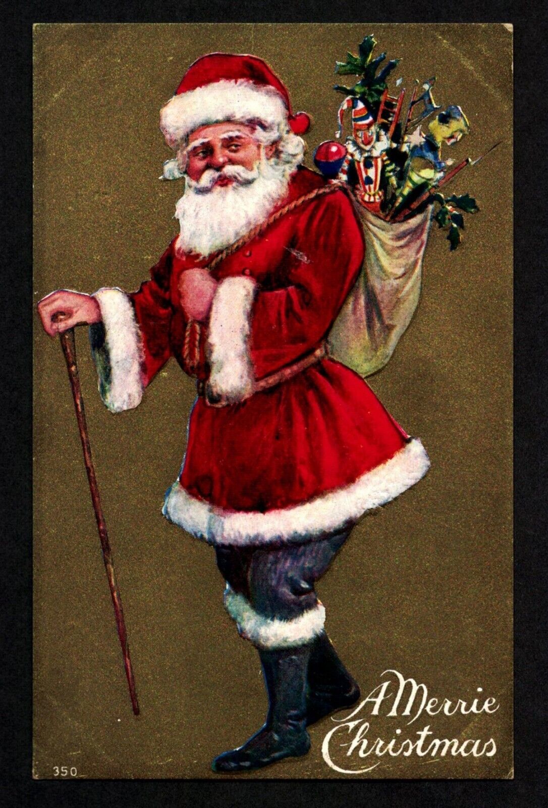 5004 Antique Vintage Postcard A MERRIE CHRISTMAS Santa Claus Cane Bag Toys Gold