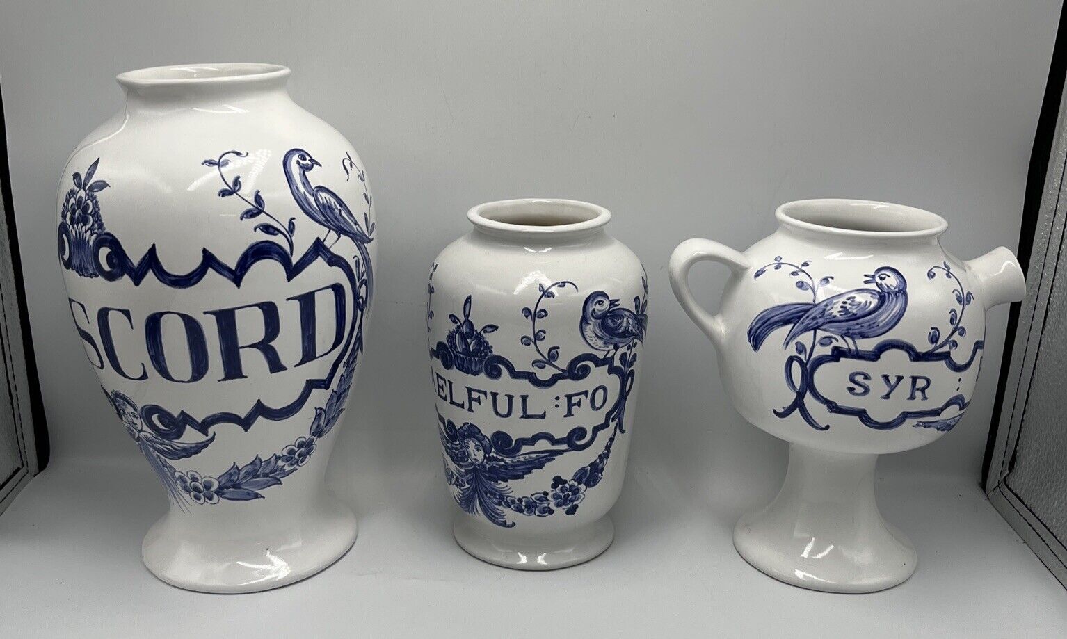 (3) Vintage 1989 LILLY Blue & White Painted Ceramic Apothecary Jars - EUC