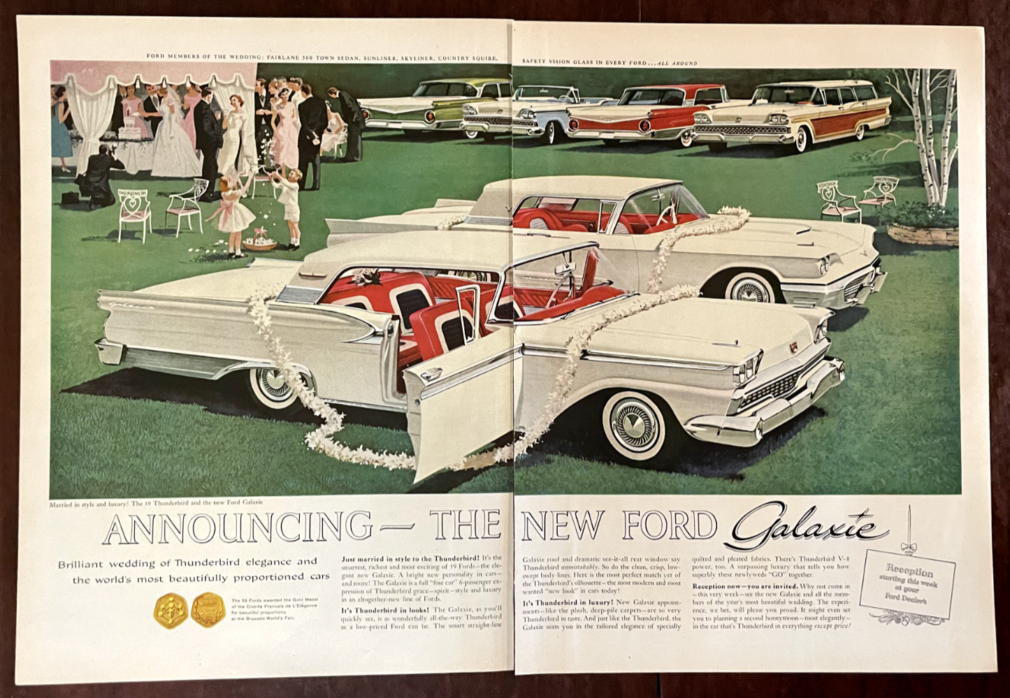 1958 FORD Galaxie Vintage 2-Page Print Ad Wedding White Car Thunderbird