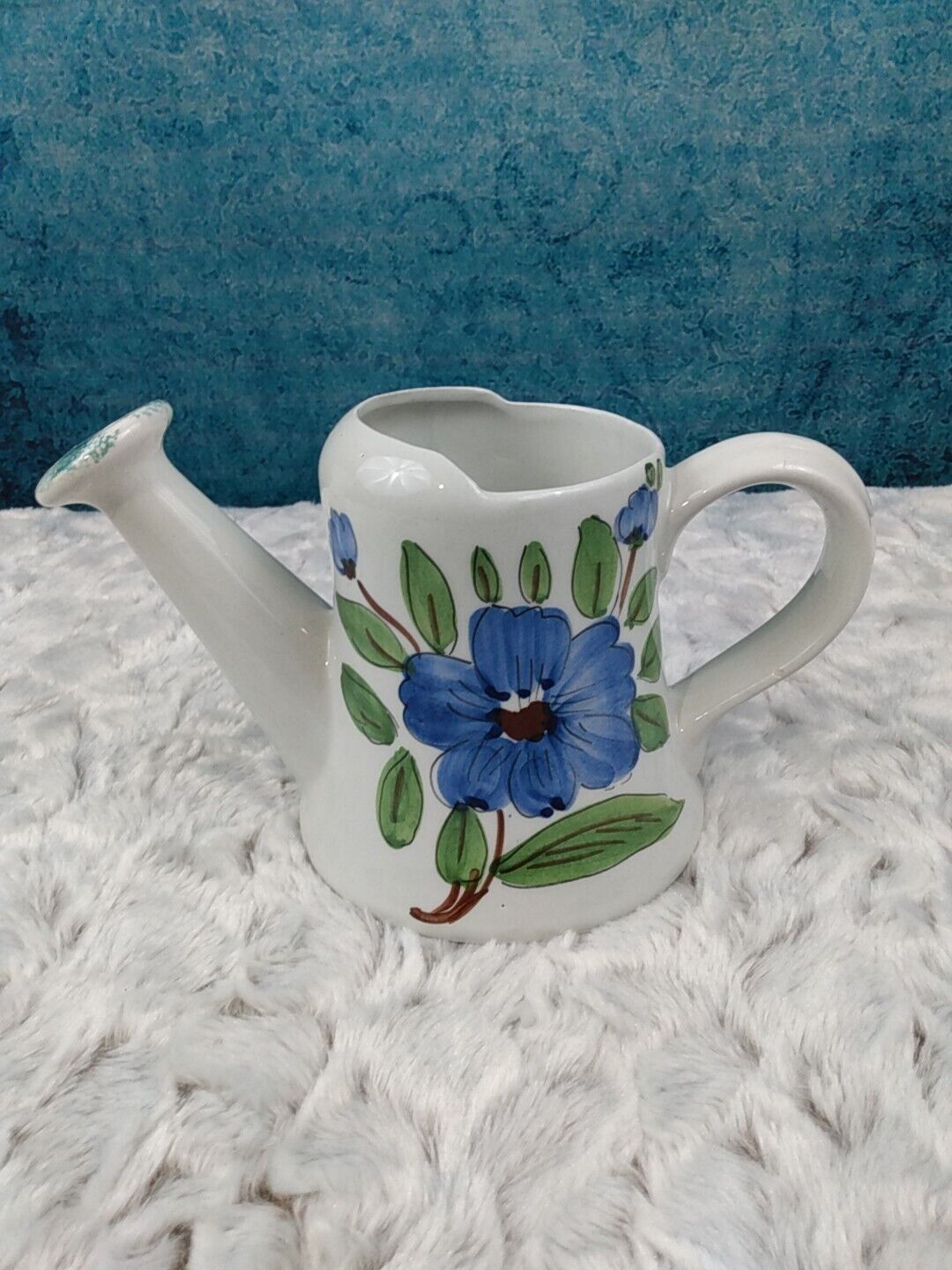 Vtg. Ceramic Watering Can -  Handpainted in Italy for FTD- Blue floral & green