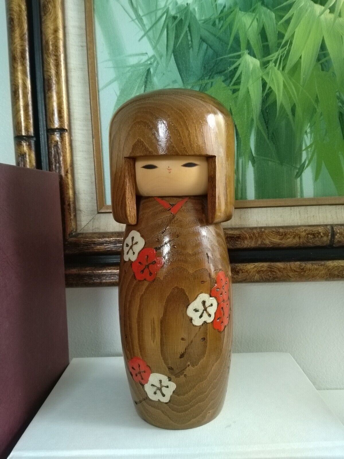 Vintage Usaburo Okamoto Japanese Wood Kokeshi Doll, Flowers, Walnut, Marked