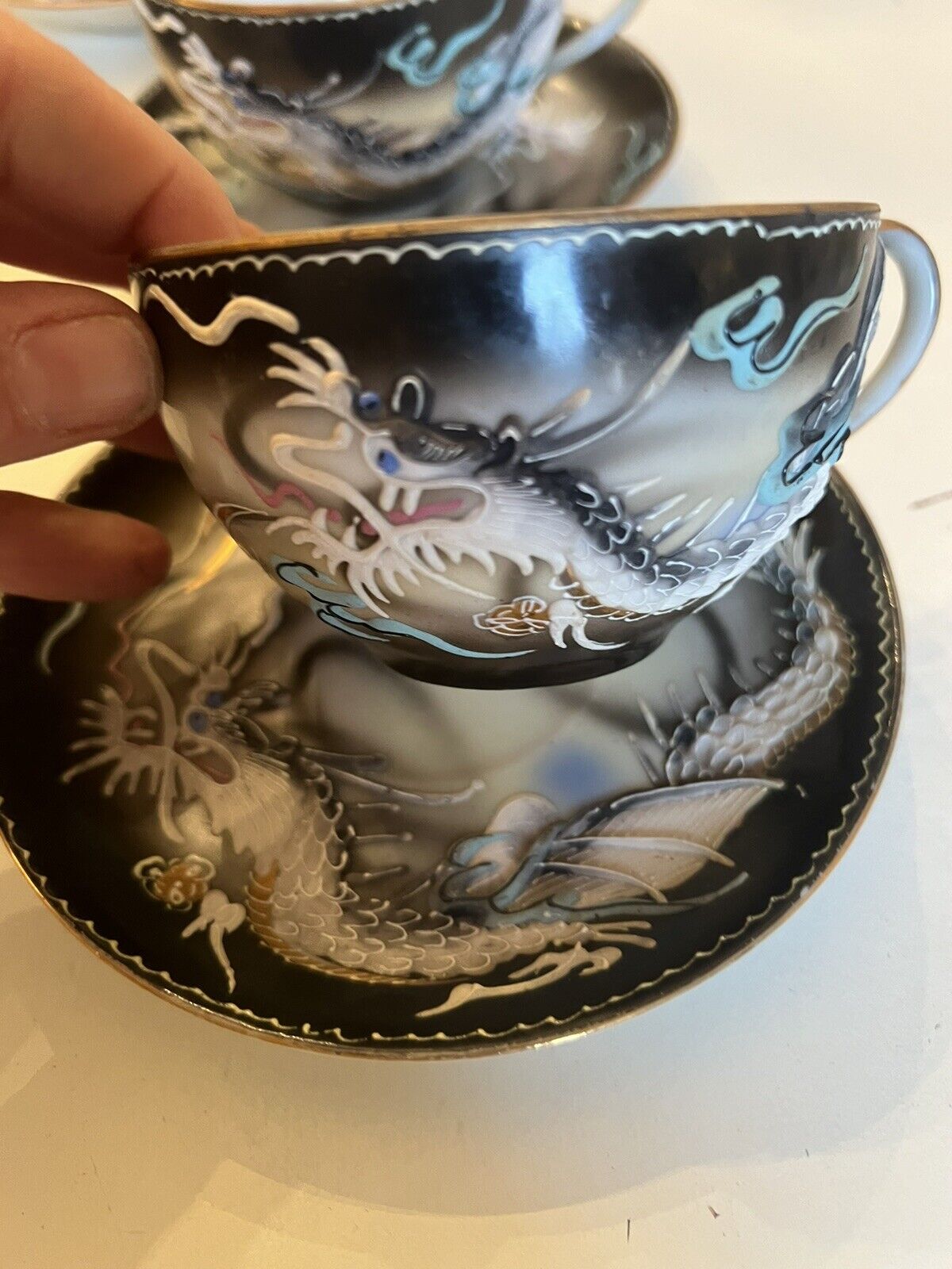 5 Moriage Tea Cups Dragon Painted Oriental Asian Cups Vintage Antique