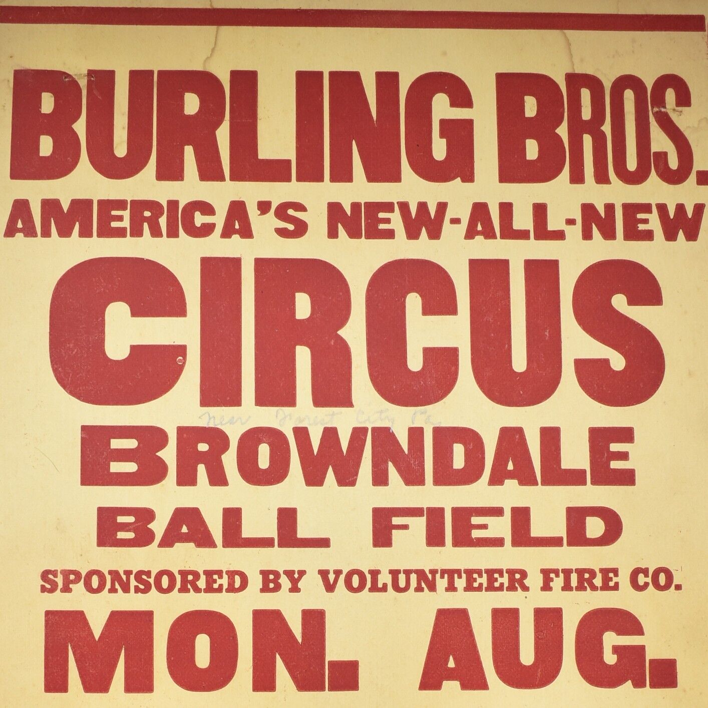 1952 Burling Bros Brothers Circus Poster Browndale Ball Field Forest City PA