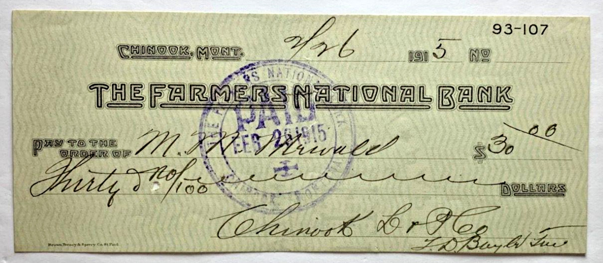 Vintage 1915 Cashed Check Chinook Montana the Farmers National Bank M M Minwald