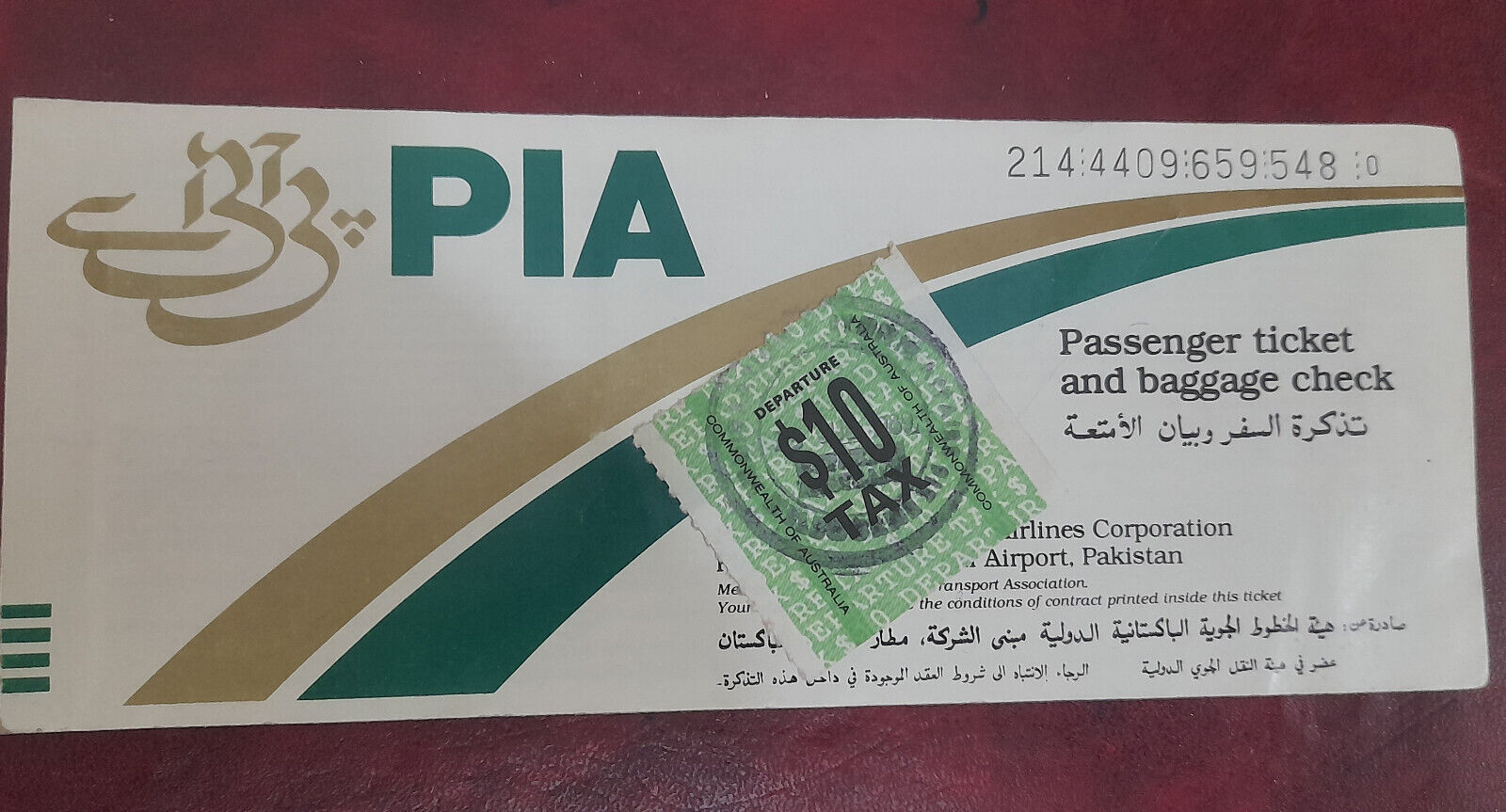 PIA AIRLINES PASSENGER TICKET WITH AUSTRALIA 10$ REVENUE TAX STAMP