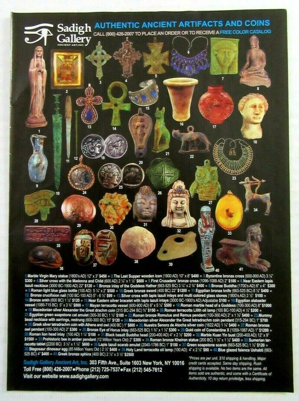 2011 SADIGH GALLERY Authentic Ancient Artifacts & Coins Magazine Ad