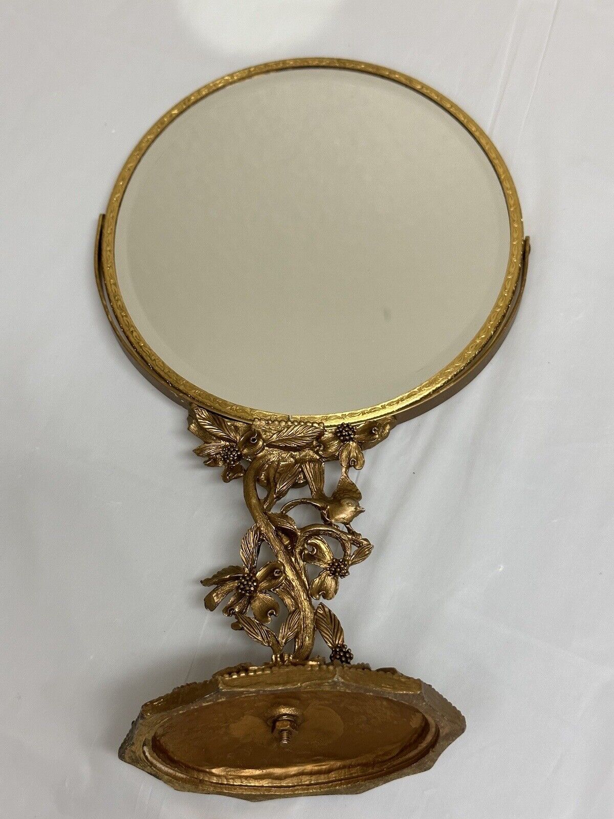 Vintage Matson 24kt Gold Plated Ormolu Bird Tree Dogwood Tilt Vanity Mirror