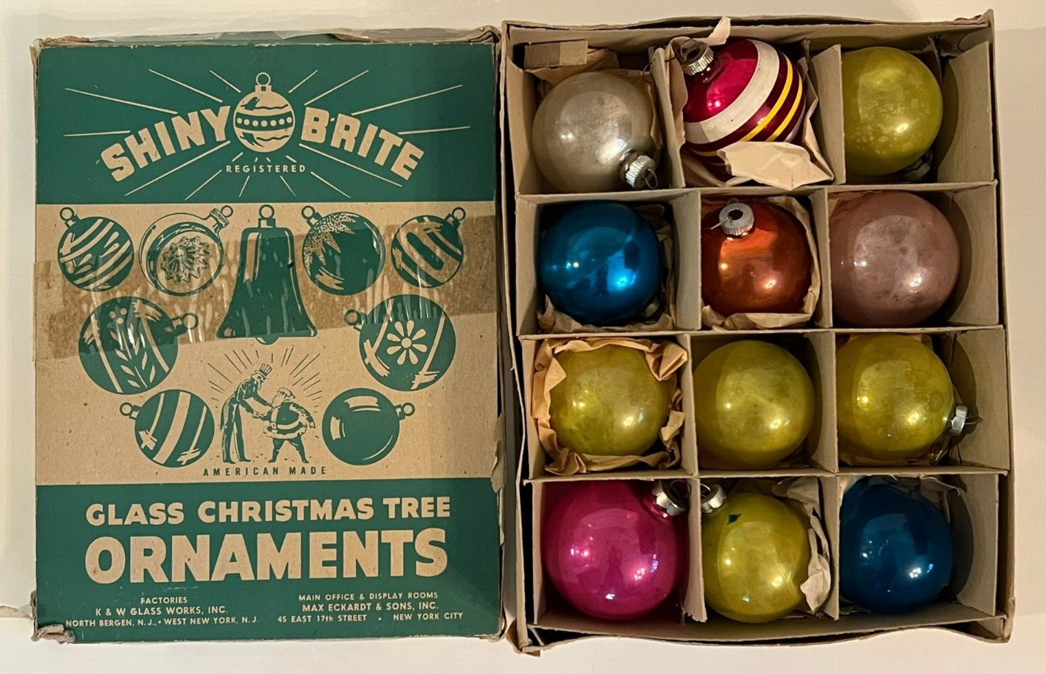 12 Vintage SHINY BRITE 3” Mercury Glass Christmas Ornaments UNCLE SAM BOX Rare