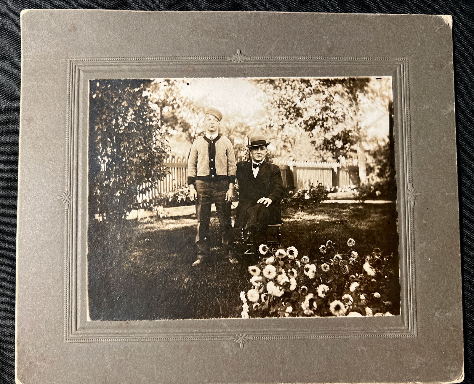 c1900 Dapper Father and Son sitting Outdoors in the Garden Cabinet Card Photo