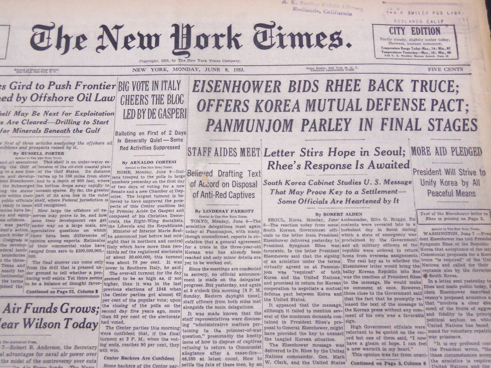 1953 JUNE 8 NEW YORK TIMES - EISENHOWER BIDS RHEE BACK TRUCE - NT 4442