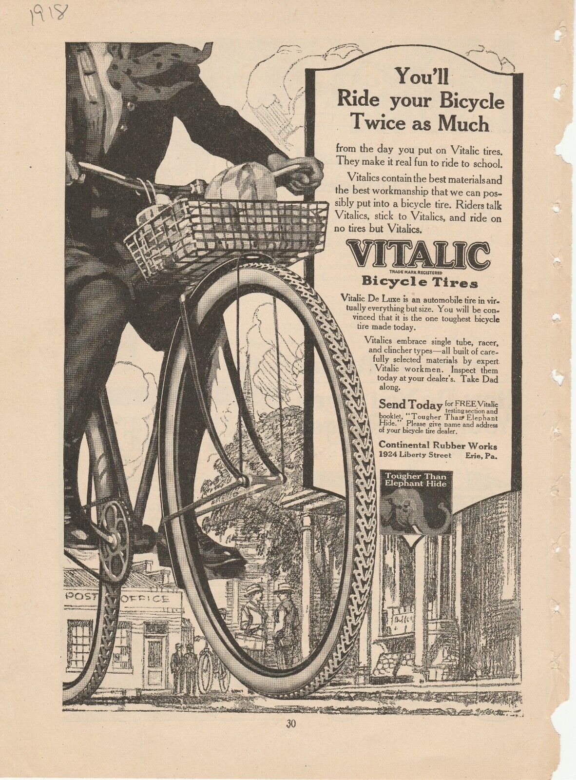Vitalic Bicycle Tires Print Ad Antique Continental Rubber Elephant 1918 Antique