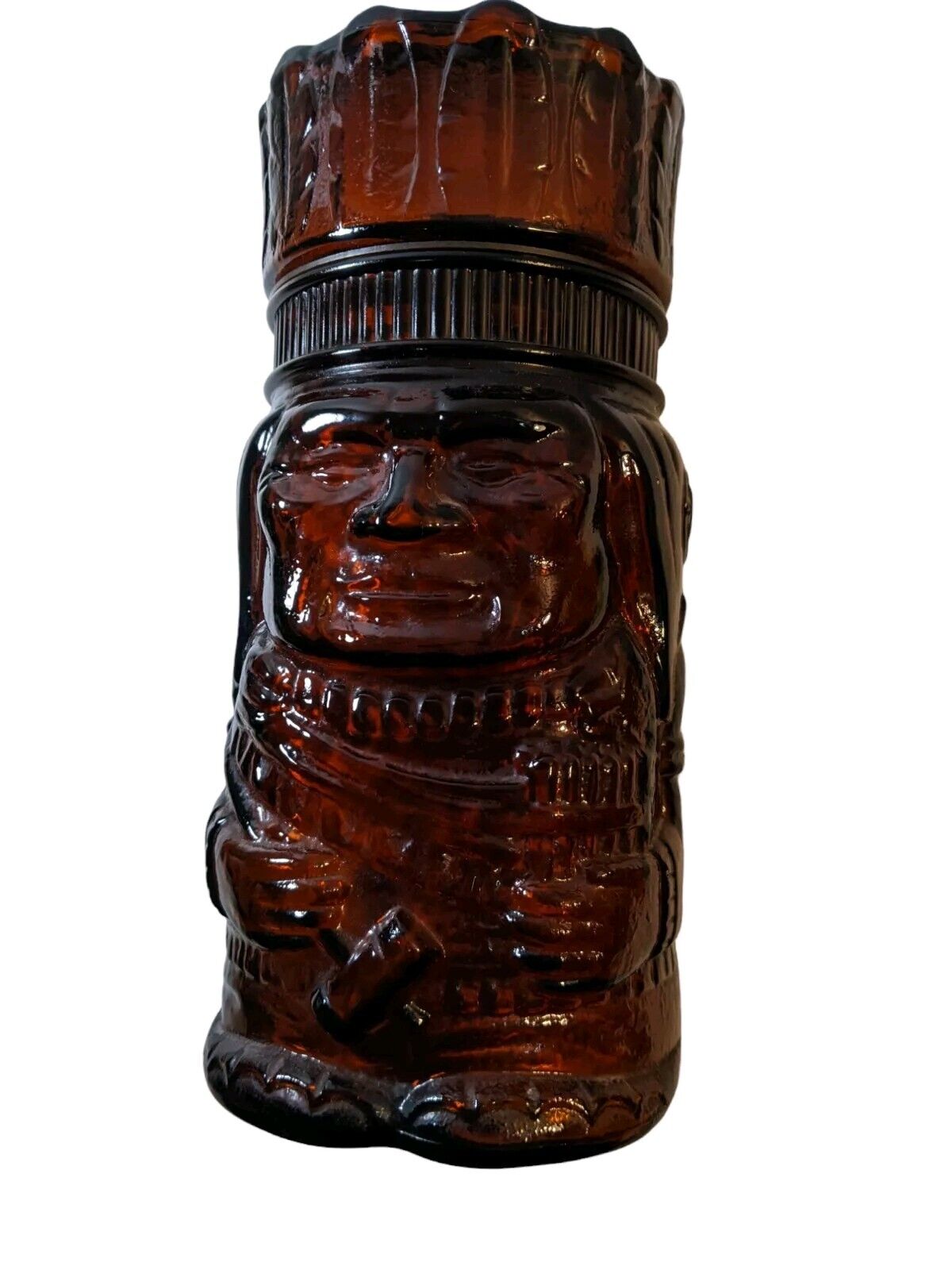 Native American Chief Brown Amber Glass Tobacco Jar Canister Humidor Pipe Cigars