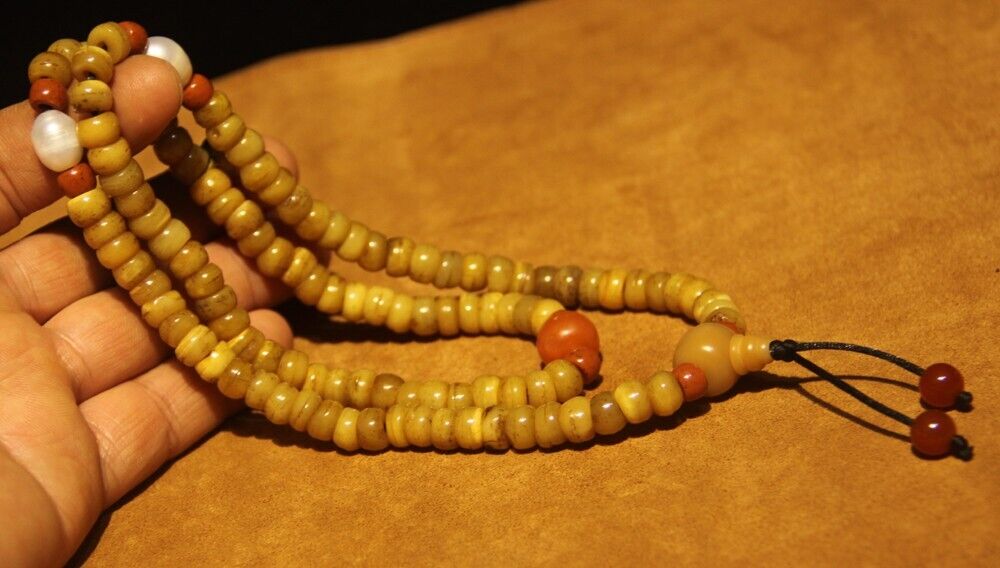 Wonderful Tibet 108P Vintage Old Buddhist Antelope Bone Mala Prayer Beads Amulet