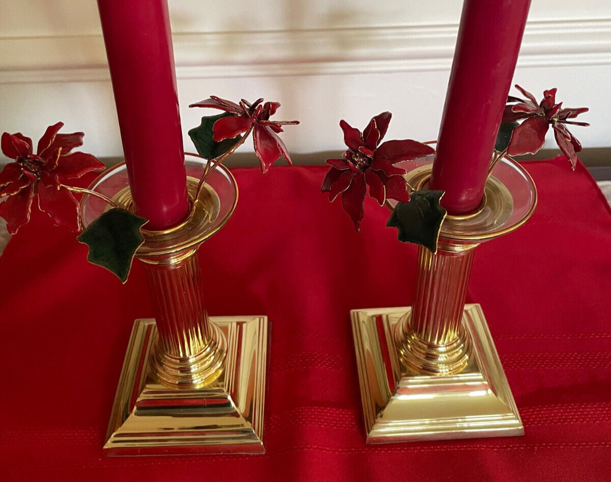 Vtg Pair 5” Brass Candlesticks BALDWIN Smithsoniam Institution +Poinsettia Ring