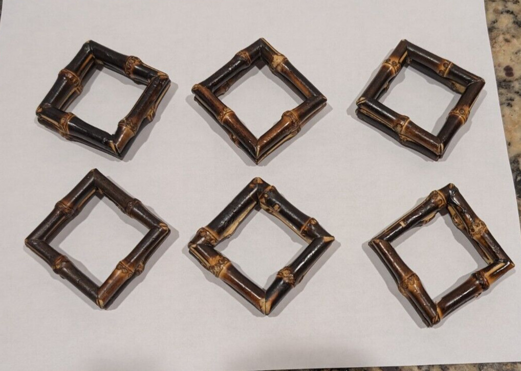 Set of 6 Square Stacked Natural Chocolate Burnt Bamboo Napkin Rings Tiki Bar Box