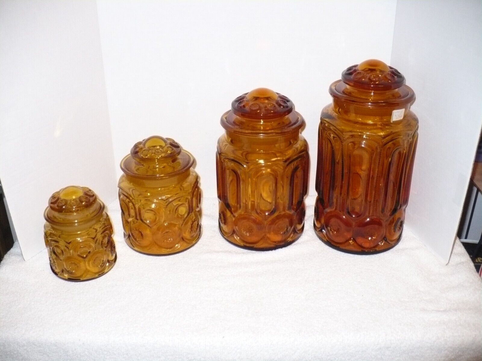 VINTAGE MCM L E Smith Moon & Stars Amber Glass 4pc Canister Set