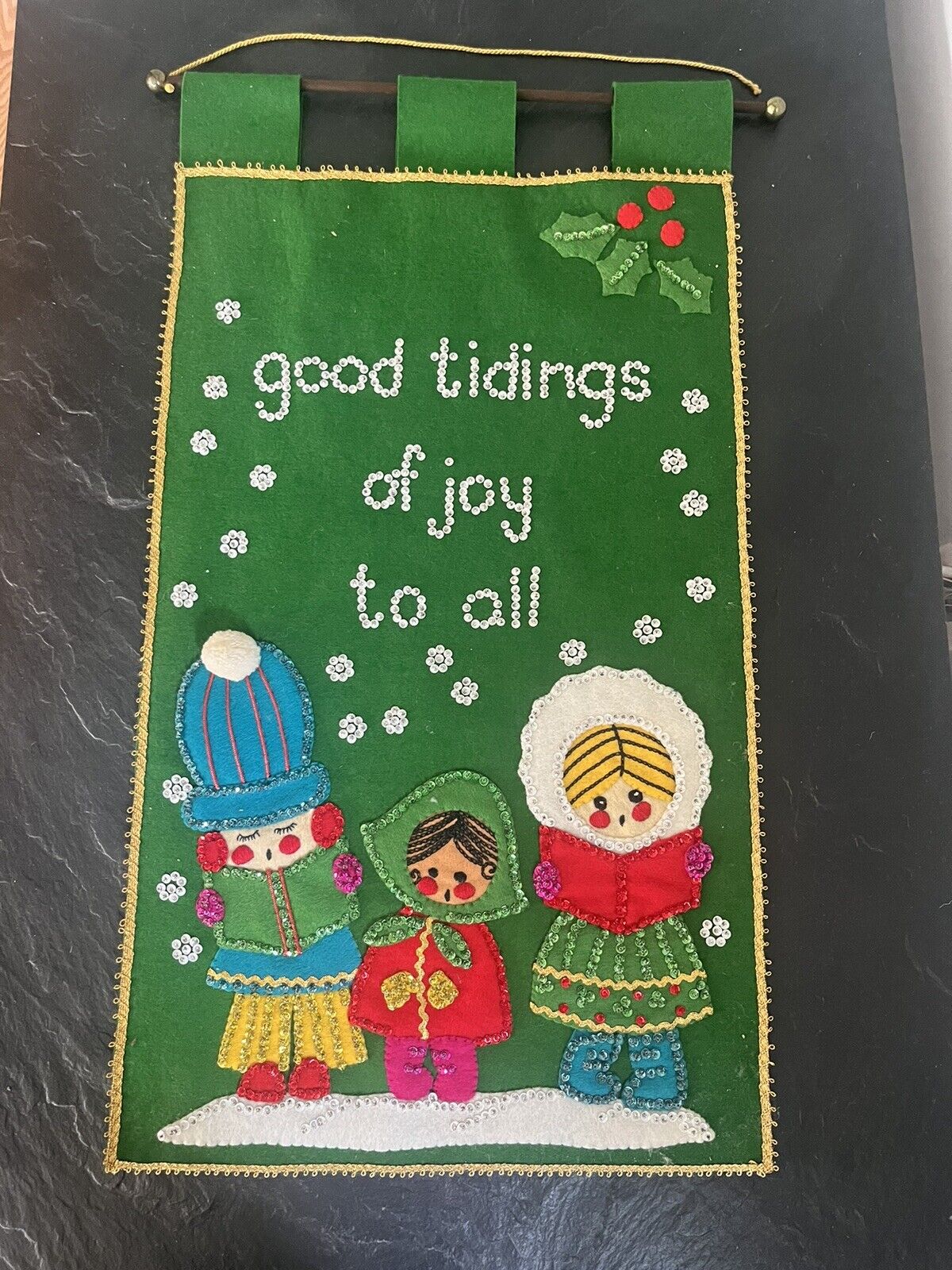 Vintage “Good Tidings To All” Wall Hanging. Beautifully Hand Made.